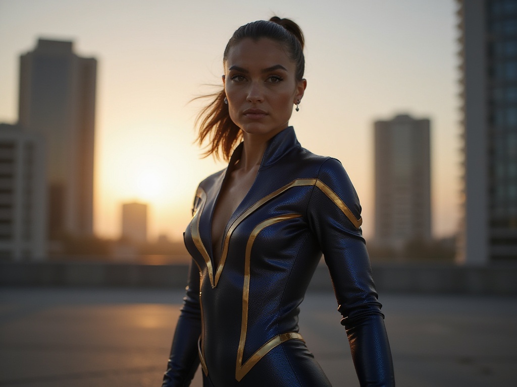 A dynamic and powerful portrait of a 22-year-old female superhero named Sarah, showcasing her fierce presence in a modern urban setting. Dressed in a tailored, asymmetrical jumpsuit made of shimmering navy blue spandex with gold accents, her sleek silhouette reflects the strength and agility of her character. Her hair is styled in a sharp, high ponytail, framing her determined face adorned with minimal, yet striking, makeup. The backdrop features a dramatic skyline, with the sun setting behind tall buildings, creating an ethereal glow and casting long shadows. The composition captures Sarah in a dynamic pose, one arm raised confidently, conveying a sense of action and readiness. Through the use of chiaroscuro lighting, the image emphasizes her heroic stature, inspiring awe and empowerment.