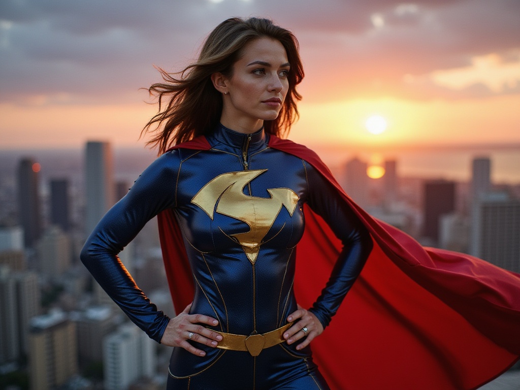 A 24-year-old female superhero, Jane, exuding empowerment and strength. She is dressed in a sleek, form-fitting suit composed of shimmering midnight blue and gold metallic fabric that catches the light dynamically. The suit features intricate patterns and bold lines that enhance her athletic figure. A flowing cape billows dramatically behind her, showcasing a vibrant red interior, symbolizing courage and valor. Jane's hair is styled in fierce waves that cascade over her shoulders, and her confident stance—hands on hips, shoulders back—projects an aura of authority. The setting is a dramatic city skyline at twilight, with skyscrapers silhouetted against the fiery horizon, emphasizing her role as a guardian of the night. The image captures the essence of a modern comic book heroine, blending high fashion with narrative depth and visual storytelling.