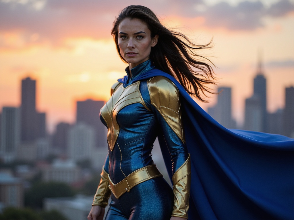 A striking portrait of a 29-year-old female superhero, Emily, embodying strength and charisma. She stands tall against a vibrant cityscape at twilight, the skyline silhouetted behind her. Emily's costume is a dazzling blend of deep cerulean and metallic gold, featuring sculpted armor-like elements that accentuate her athletic form. The design includes a dramatic cape that billows in the evening breeze, creating a sense of movement and power. Her long dark hair flows freely, complemented by a fierce expression that conveys determination and confidence. Smart lighting highlights her features and reflects off her costume. The overall composition tells a story of resilience and heroism, resonating with the visual language of contemporary superhero narratives.