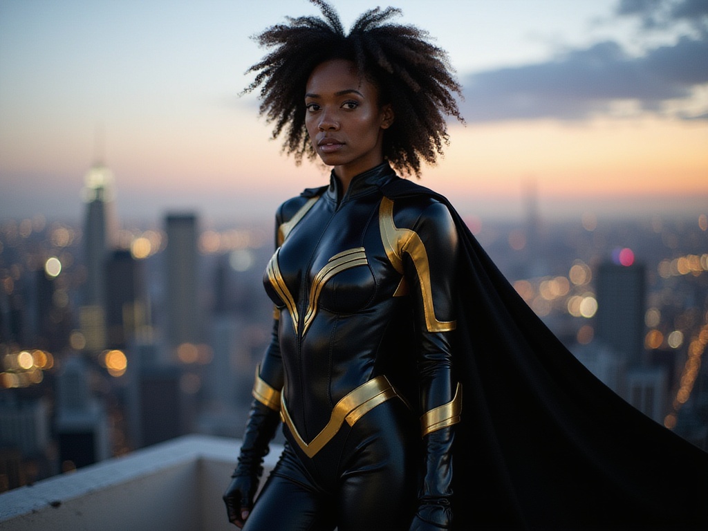 A striking portrait of a 24-year-old black female superhero, Sarah, exuding power and poise. Dressed in a sleek, form-fitting black and gold bodysuit, the costume features high-tech embellishments that shimmer under the dramatic lighting. Her cape flows majestically behind her, catching the wind in an almost ethereal manner. With her hair styled in fierce natural curls, she stands confidently on a rooftop against a skyline at dusk, the city lights twinkling below. Her strong stance and determined expression convey her readiness to protect and serve. The composition captures the essence of modern superhero aesthetics, creating a vibrant, dynamic image that resonates with empowerment and strength.