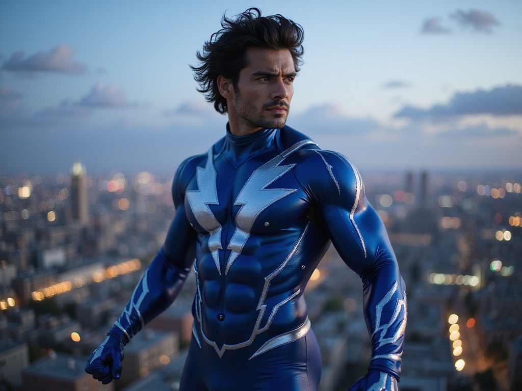 A male superhero, David, aged 25, exudes confidence and strength in a dynamic pose atop a cityscape at dusk. His striking, muscular physique is clad in a form-fitting, vibrant costume that blends shades of deep blue and silver, showcasing intricate patterns reminiscent of lightning. His dark hair is tousled and windswept, revealing a determined expression as he gazes into the distance, embodying the essence of a protector. The urban skyline sparkles beneath a twilight sky, casting dramatic shadows, while the soft glow of city lights creates an ethereal atmosphere. This image captures the heroic vigor and cultural pride of a Latin superhero, illustrating a modern take on classic comic book aesthetics.