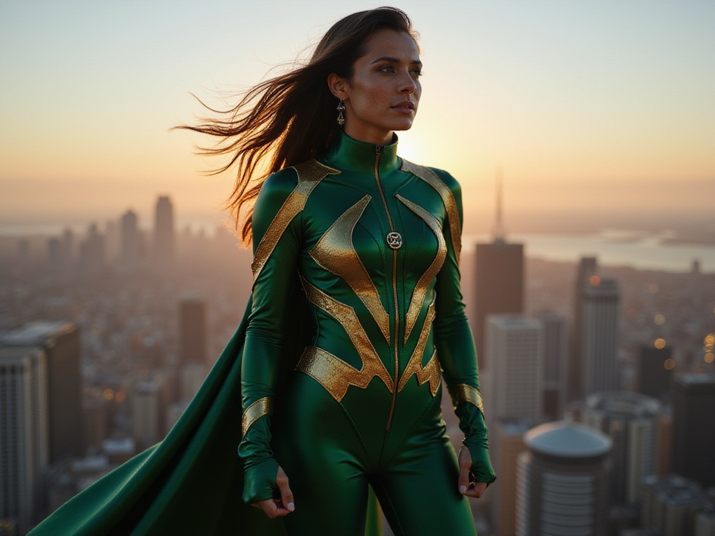 A powerful and inspiring female superhero, Emily, aged 28, of Middle Eastern descent, stands boldly atop a skyscraper overlooking a bustling cityscape at twilight. Clad in a futuristic, form-fitting suit that melds vibrant emerald and deep gold tones, her attire features intricate patterns symbolizing strength and resilience. An elegant cape billows behind her, catching the evening breeze. Her hair flows freely, framing her determined expression with the glow of city lights casting a warm halo. The pose is dynamic and fearless, with one fist clenched at her side and the other raised triumphantly to the sky, embodying the essence of justice and empowerment. Dramatic chiaroscuro lighting highlights her figure, showcasing the texture of her costume and the strength in her posture, evoking a sense of hope and inspiration akin to cinematic superhero narratives.