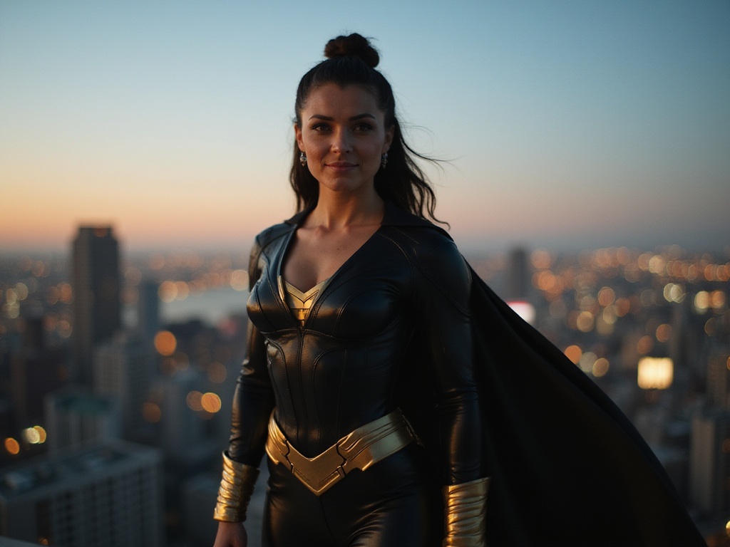 A powerful and heroic female figure, Olivia, aged 27, is portrayed as a modern superhero with a striking presence. She stands triumphantly on a city rooftop at twilight, her silhouette framed against the glowing skyline. Clad in a sleek, form-fitting black suit adorned with gold accents that shimmer in the fading light, the outfit showcases her athleticism and strength. A flowing cape billows dramatically behind her, catching the last rays of the sun. Her dark hair is styled in an elegant updo, and her makeup is bold, emphasizing fierce eyes and a confident smile. The city below sparkles with life, creating a vibrant backdrop that accentuates Olivia’s role as a protector and warrior. The lighting is a mix of deep blues and warm golds, evoking a sense of hope and empowerment, capturing the essence of a superhero about to leap into action.