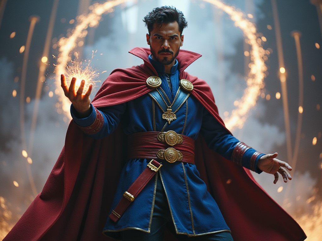A 22-year-old black male, Michael, skillfully embodying the character of Doctor Strange. He is dressed in a meticulously detailed, authentic costume featuring the iconic Cloak of Levitation, rich in deep crimson and azure tones with intricate gold embellishments. The setting is an ethereal magical realm, with mystical symbols and swirling energies around him, enhanced by a soft, ambient light that casts dramatic shadows. His expression is one of fierce determination, eyes focused and resolute, conveying the essence of a sorcerer in full command of his powers. The composition captures dynamic tension, showcasing Michael’s outstretched hand as he conjures spells, creating a striking visual worthy of a cinematic promotional poster.