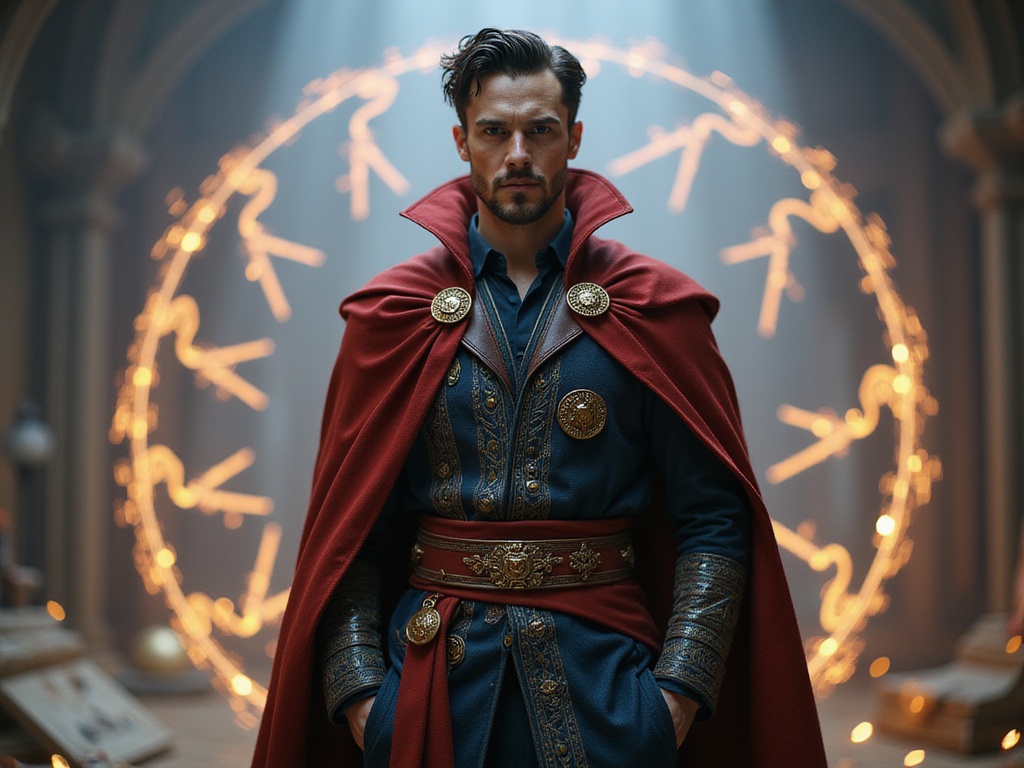 A 26-year-old male, John, role-playing as Doctor Strange, portrayed with realistic details. He stands confidently in a mystical setting, surrounded by swirling magical symbols and glowing artifacts. John wears a tailored dark robe with intricate, ancient patterns reminiscent of the character's costume, complemented by a crimson cloak cascading elegantly over his shoulders. His hair is styled with a modern twist akin to Doctor Strange's iconic look, subtly framing his intelligent gaze. The background is filled with ethereal lighting, casting dynamic shadows that enhance the atmosphere. This composition captures John's confident and enigmatic presence, encapsulating the essence of a powerful sorcerer in a hyper-realistic style.