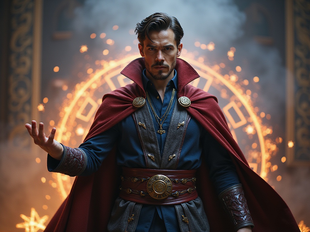 A 26-year-old male, John, embodying the character of Doctor Strange. He stands heroically in an atmospheric setting reminiscent of the mystical Sanctum Sanctorum, draped in a finely tailored, deep navy blue cape over a layered ensemble of rich burgundy and charcoal robes with intricate patterns. The backdrop features swirling mystical energies and floating artifacts, enhancing the magical aura. John's expression is focused and intense, his hand raised in a gesture that commands the vibrant, glowing orange magical runes that orbit him. The soft, ethereal spotlight illuminates his face, casting dramatic shadows that emphasize his sharp features, styled hair, and confident demeanor. This hyper-realistic portrayal captures the essence of mystique and power associated with the iconic character.