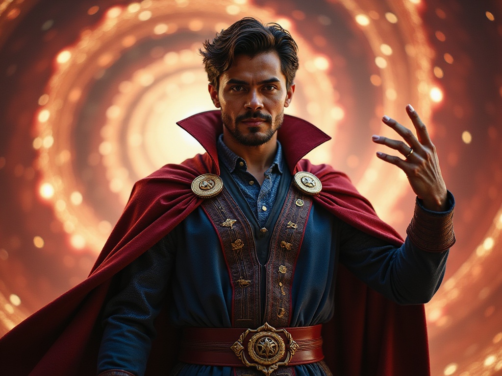 A 27-year-old male, John, role-playing as Doctor Strange, featuring a realistic human portrayal with an Indian descent. He wears a lavish navy blue cloak adorned with mystical symbols, layered over an intricately detailed tunic. His hair is styled in a tousled yet sophisticated manner, echoing the character's signature look. The background is a vibrant, swirling dimension, painted with rich reds and golds that illuminate the scene, creating an ethereal atmosphere. John's confident pose exudes a blend of wisdom and authority, with one hand dramatically raised, as though casting a spell. The lighting captures the shimmering effect of magic around him, enhancing the otherworldly theme of the moment.
