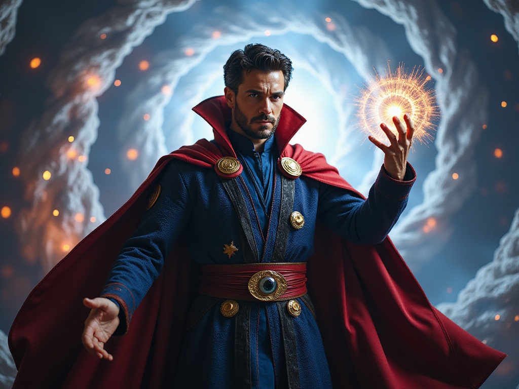 A 26-year-old Arab male, Michael, role-playing as Doctor Strange in a hyper-realistic portrayal. He wears the iconic dark blue tunic with intricate crimson detailing and a flowing cloak, embodying the mystical aura of the Sorcerer Supreme. His pose is dramatic, with one hand raised as if conjuring magical energies, while the other holds the Eye of Agamotto. The backdrop is a mystical, swirling vortex of colors, creating a surreal and captivating atmosphere. The lighting emphasizes sharp contrasts, illuminating his determined expression and casting intricate shadows that enhance the magical realism of the scene. This image captures the essence of a modern hero immersed in a world of sorcery and adventure, invoking the cinematic grandeur of the character.