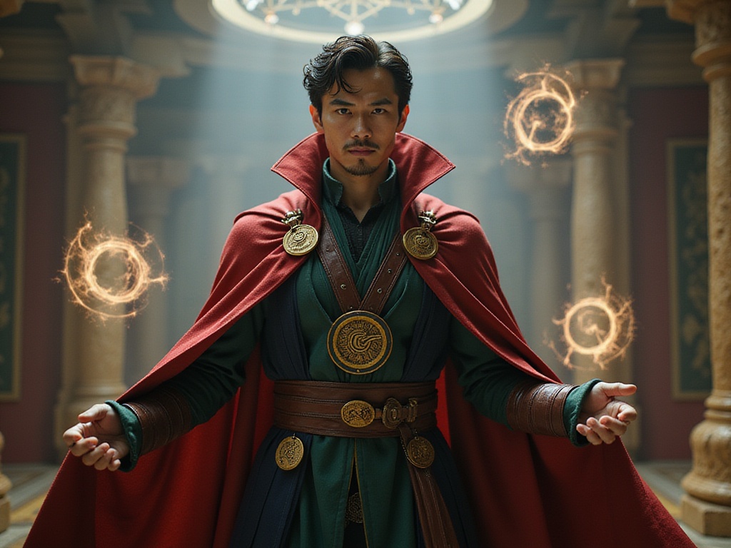 A 27-year-old Asian male role-playing as Doctor Strange, known for his enigmatic aura and magical prowess. He stands in a richly detailed setting resembling the Sanctum Sanctorum, adorned with mystical artifacts and swirling spells depicted in the air. John wears a flowing, intricately designed cape of deep scarlet, paired with an emerald tunic, embellished with ancient symbols. His hair is styled in a slightly tousled yet sophisticated manner, framing his face as he gazes intensely into the distance, embodying the character's confident and mysterious essence. The lighting creates a dramatic ambiance, enhancing the magical atmosphere with shadows and flickering highlights, capturing a cinematic, hyper-realistic portrayal that showcases both strength and wisdom.