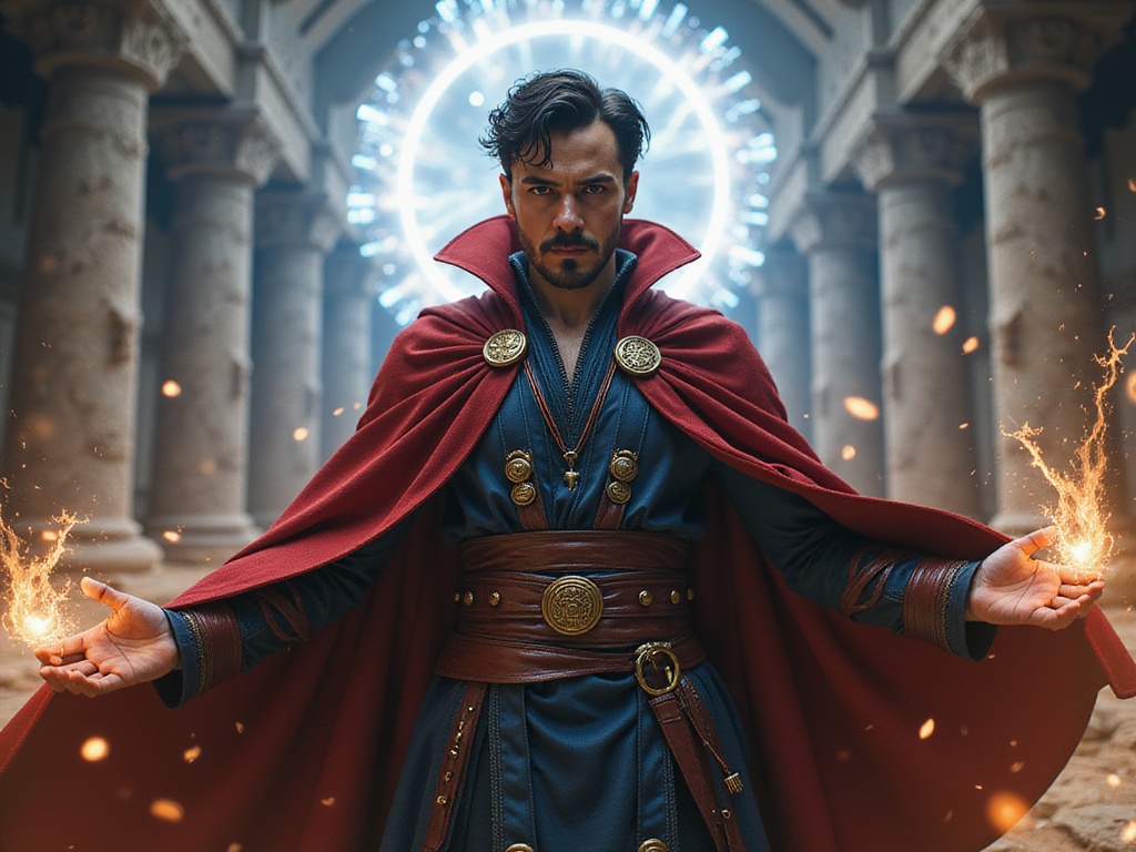 A Latin male, Michael, aged 28, captured in a hyper-realistic portrayal as Doctor Strange. He stands heroically in a mystical setting, draped in a richly detailed, flowing red cloak of levitation over intricately layered dark garments that include a blue tunic adorned with mystical symbols. The background features ethereal swirling energies and ancient ruins illuminated by cosmic light, enhancing the magical allure of the scene. His expression is intense, projecting a sense of focused power and wisdom, with piercing eyes that seem to gaze into another dimension. The lighting highlights the textures of the cloak and the shimmering energies around him, creating a dramatic contrast that emphasizes his commanding presence. This image merges fantasy with realism, making it a stunning visual representation worthy of cinematic art.