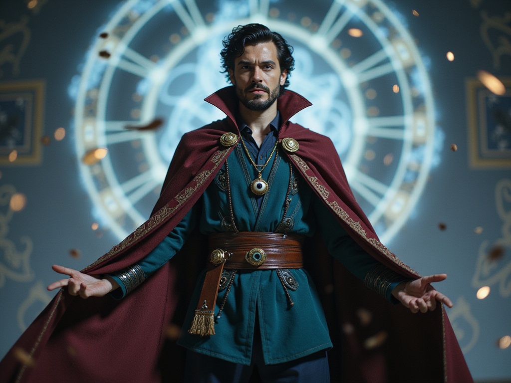 A 24-year-old male, David, embodies the iconic character Doctor Strange in a hyper-realistic role-playing scenario. He wears a meticulously crafted cloak of levitation adorned with intricate patterns and a deep maroon color. His outfit includes a teal tunic and dark pants, complemented by the Eye of Agamotto hanging around his neck. David's dark, curly hair is styled with precision, and his expression reveals a blend of determination and wisdom as he casts a spell. The setting features a mystical, swirling backdrop resembling the astral plane, with floating symbols and ethereal light to enhance the magical atmosphere. The lighting is dramatic, highlighting the contours of his face and the textures of his costume, creating a captivating and dynamic scene that captures the essence of Doctor Strange.