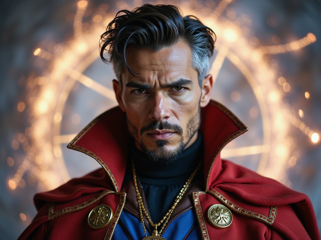 A 27-year-old male role-playing as Doctor Strange, James, depicted in a richly colored, photorealistic portrait. He wears the iconic red and blue coat with intricate golden embroidery, complemented by a dark turtleneck and a mystical amulet hanging around his neck. His hair is styled in a modern cut, and his expression is intense, embodying the character's enigmatic sorcery. Set within a dramatic, swirling magical backdrop featuring ethereal sparks and mystical symbols, the atmosphere is charged with energy. The lighting creates soft shadows and highlights, emphasizing his pronounced cheekbones and face structure, with a focus on the Indian ethnic features that reflect authenticity. This portrayal captures both the strength and complexity of Doctor Strange in a visually stunning manner.