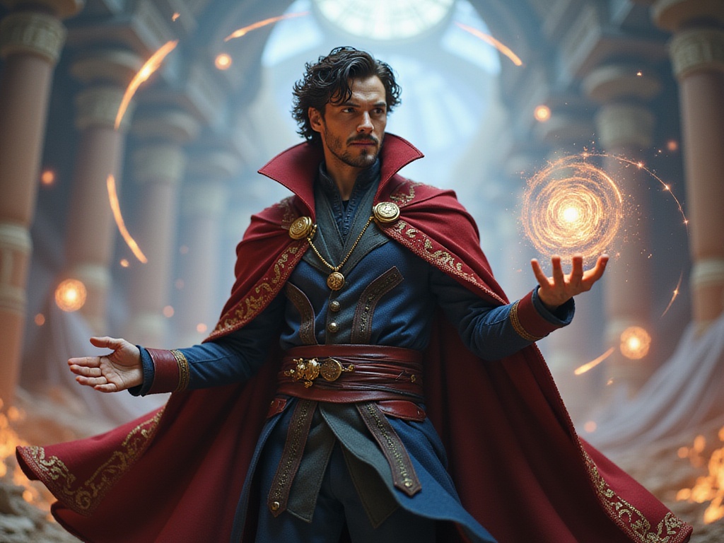 A male figure, David, aged 26, embodying the character of Doctor Strange with a hyper-realistic portrayal. He wears an intricate cloak of levitation in deep crimson lined with gold embroidery, layered over a fitted charcoal tunic with subtle textures. His hair is styled in a wavy manner, with a touch of theatrical manic. The atmosphere is mystical, with swirling magical symbols and an ethereal glow surrounding him, emphasizing the wizardry. The backdrop features a surreal landscape inspired by the multiverse, full of vibrant colors and fantastical architecture, creating depth and intrigue. David’s posture is confident and commanding as he conjures spells with one hand, projecting an aura of wisdom and strength, evoking the rich narrative of a Marvel universe. This dynamic pose and setting capture the captivating essence of the superhero genre, blending fashion with cinematic storytelling.