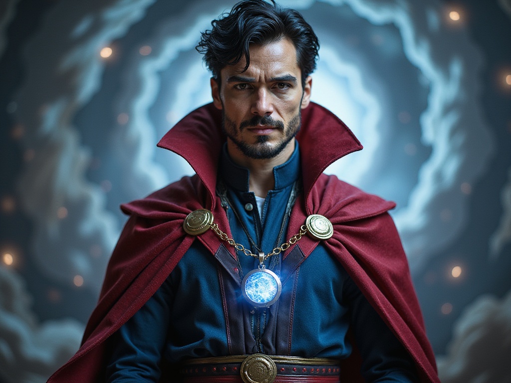 A 29-year-old male, Michael, embodies the mystical aura of Doctor Strange in a hyper-realistic role-playing scenario. Dressed in an intricately detailed costume featuring a deep crimson and navy cloak, he stands confidently against a dramatic, swirling, otherworldly backdrop reminiscent of the multiverse. His elegantly styled black hair frames his face, while a mystic amulet glimmers at his neck, drawing attention with its ethereal glow. His expression exudes charisma and determination, with piercing eyes that hint at his formidable power. The lighting creates an ominous yet enchanting atmosphere, highlighting the textures of his costume and the dynamic movements of magic swirling around him. This image captures the essence of a modern-day sorcerer, evoking a sense of adventure and intrigue.