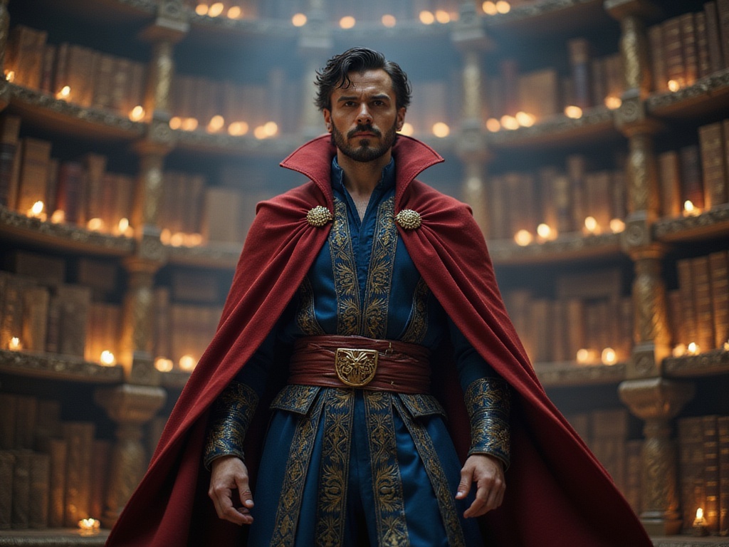 A 28-year-old Middle Eastern male, John, embodying the enigmatic persona of Doctor Strange. He stands in an opulent, mystical library filled with ancient tomes and glowing artifacts. John's costume features a finely tailored, deep red cloak draped over an intricate blue tunic, both detailed with gold embroidery. His facial expression is intense and contemplative, capturing the character's wisdom and power. The setting is illuminated with ethereal, dramatic lighting, casting sharp shadows and enhancing the magical atmosphere, as if he is on the verge of performing a spell.