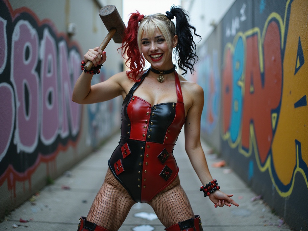 A 22-year-old white female, Emily, role-playing as Harley Quinn in a hyper-realistic portrayal. She wears a fitted red and black leather corset adorned with diamond patterns, thigh-high fishnet stockings, and combat boots that stomp defiantly. Her hair is styled in playful pigtails, one dyed red and the other black, cascading with chaotic curls. The background is a graffiti-covered alleyway, splashed with vibrant colors, reflecting the anarchic spirit of Harley. Emily strikes a dynamic pose, wielding a mallet playfully, with an impish grin and striking makeup featuring bold red lips and a mischievous wink. Dramatic lighting emphasizes her vivid features and the texture of her costume, enhancing the visual energy of the scene. This image captures the wild, rebellious essence of Harley Quinn, pushing the boundaries of fashion and fantasy.