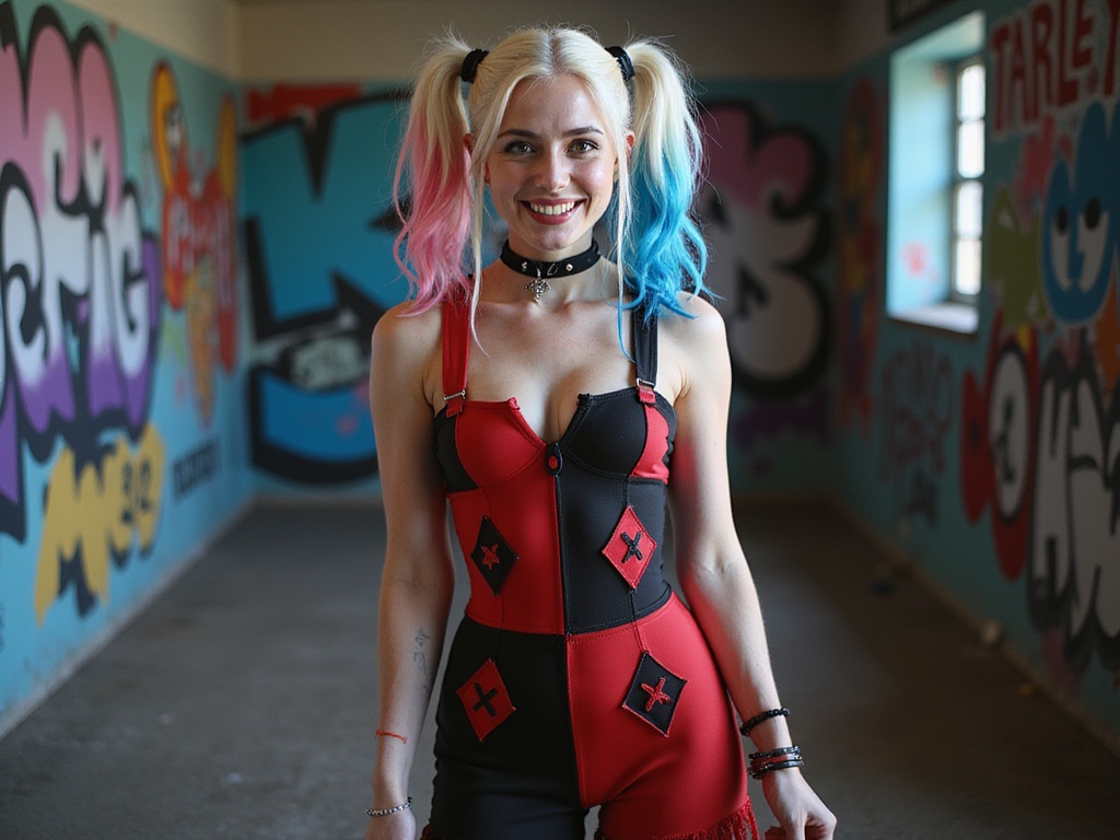 A 22-year-old woman, Olivia, role-playing as Harley Quinn, capturing her playful yet rebellious spirit. She wears a striking red and black bodysuit adorned with diamond patterns, complete with a frayed hem. Her vibrant two-tone hair is styled in pigtails, accentuated by bold streaks of blue and pink. The background features a chaotic urban setting, with graffiti-covered walls and colorful street art, emphasizing Harley's vibrant persona. Lighting adds a dramatic flair, casting shadows that enhance the mischievous charm in her expression as she poses with a playful smirk, embodying the essence of chaos and fun. The image is a HYPER-REALISTIC portrayal of the character, celebrating her iconic look while infusing a contemporary twist.