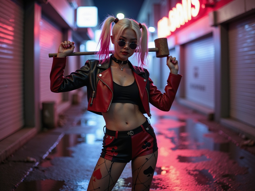 A 23-year-old Asian woman, Jane, is role-playing as Harley Quinn, depicted in a HYPER-REALISTIC style. She wears a meticulously designed red and black leather ensemble, featuring a cropped jacket with exaggerated shoulders and sheer black tights adorned with playing card motifs. Her hair is styled into playful pigtails, one side dyed shocking pink and the other platinum blonde, framing her face in a captivating manner. The setting is a gritty urban alley, illuminated by vibrant neon lights that reflect in puddles on the ground. Jane's pose is dynamic, showcasing her rebellious spirit, with one arm raised playfully holding a mallet, while her other hand rests on her hip with confidence. The dramatic lighting captures the vibrancy of her costume and the edginess of the environment, creating an electrifying visual reminiscent of the character's wild charm.