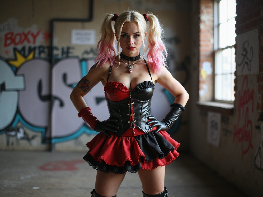 A striking 28-year-old woman, Sarah, embodying the fierce spirit of Harley Quinn. She showcases her playful yet rebellious persona in a hyper-realistic portrayal, wearing a tailored red and black ensemble with a corseted bodice and ruffled skirt, complete with dramatic knee-high leather boots. Her hair is styled in playful pigtails, dyed half blonde and half pink, accentuating her mischievous expression. The setting is a vibrant urban backdrop, with graffiti-strewn walls and an edgy atmosphere, capturing the essence of Harley's world. The lighting is sharp and dynamic, creating a striking contrast that highlights her energetic pose, embodying both chaos and charm. The overall mood radiates confidence and a daring spirit, perfect for a contemporary character role-play that transcends the ordinary.