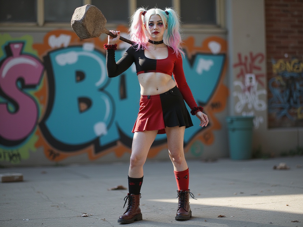 A 26-year-old woman, Jane, embodying the essence of Harley Quinn in a hyper-realistic portrayal. She stands in an urban setting, graffiti art in the background, dressed in the iconic red and black ensemble featuring a crop top and asymmetrical skirt, accented with playful mismatched socks and combat boots. Her skin is pale, with bold red and black eye makeup, and her hair is styled in pigtails dyed half pink and half blue. The expression on her face reflects mischief and exuberance, and she wields a comically large mallet with a confident stance. The scene is vibrant and chaotic, capturing the chaotic spirit of the character. Lighting is bright, highlighting the expressive details of her outfit and makeup, portraying a striking and emotional connection to the character.
