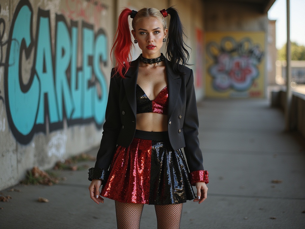 A striking female model, Jane, aged 27, embodying the fierce spirit of Harley Quinn. With a bold, playful expression, she showcases her black and red ensemble—featuring a fitted, asymmetric jacket with exaggerated lapels and a sparkling skirt that flares dramatically. Her hair is styled in two high pigtails, one dyed vibrant red and the other deep black, adorned with playful accessories. The setting is an urban landscape with a gritty, graffiti-tagged wall that reflects Harley's rebellious nature. Dynamic lighting emphasizes her fierce gaze and the vibrant colors of her costume, capturing the essence of the character in a hyper-realistic portrayal. The composition balances chaos and control, encapsulating her wild charisma as she stands confidently amidst a scene of vibrant, youthful exuberance.