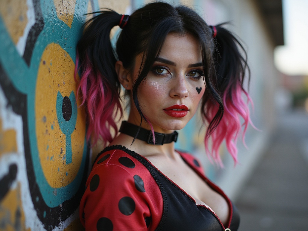 A striking portrayal of Emily, a 26-year-old Middle Eastern woman, stepping into the role of Harley Quinn. She is dressed in a tailored, vividly patterned red and black ensemble featuring asymmetric cuts that create a bold, rebellious silhouette. Her makeup includes dramatic black eyeliner, a heart drawn on her cheek, and playful red lips. Her tousled, two-tone hair—one half black and the other half neon pink—adds to the whimsical chaos of her character. In this high-energy environment, she leans against a graffiti-covered wall, exuding an infectious blend of mischief and charm. The urban backdrop enhances the sense of her vibrant personality, while dynamic lighting casts playful shadows, embodying the chaotic essence of Harley Quinn. This image captures not just the visual appeal but also the emotional dynamism of the character, bringing her to life in a hyper-realistic portrayal.