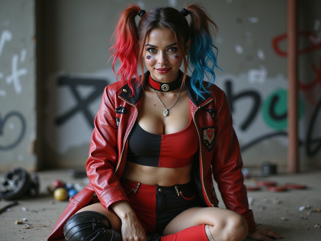 A striking Indian woman, Sarah, aged 27, embodying Harley Quinn with hyper-realistic precision. She wears a classic red and black ensemble, complete with a fitted cropped jacket adorned with playful patches. Her shorts are mismatched with one leg in classic black and the other in bright red. The look is completed with knee-high mismatched stockings and chunky combat boots. Her hair is styled in playful pigtails, one dyed vibrant red and the other striking blue, complementing her bold makeup that features a dramatic cat-eye and a playful splash of face paint. Set against a chaotic urban backdrop filled with spray paint and graffiti, the scene captures the rebellious spirit of Harley Quinn. The lighting accentuates her mischievous grin and vibrant outfit. This dynamic pose exudes confidence and energy, perfectly illustrating her character's playful insanity. ROLE-PLAYING, HYPER-REALISTIC.