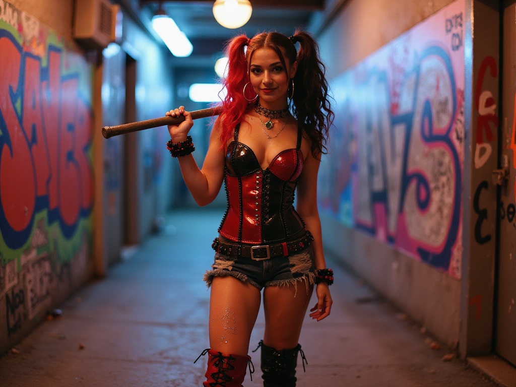 A 25-year-old Latin woman, Sarah, ROLE-PLAYING as Harley Quinn, stands confidently in an urban graffiti-laden alley. She embodies the playful chaos of the character, wearing a fitted red-and-black corset embellished with sequins, paired with tattered shorts and knee-high combat boots. Her hair is styled in mismatched pigtails, one side dyed bright red and the other black, cascading down with playful curls. Her makeup is bold, featuring exaggerated eyeliner and a cheeky smirk, with a splash of glitter on her cheeks. She holds a prop mallet over her shoulder, the embodiment of her whimsical yet rebellious spirit. The setting features neon lights and graffiti art, enhancing the vibrant, edgy atmosphere typical of Harley Quinn's world. The lighting is dramatic, casting playful shadows, capturing the spirit of chaos and fun.