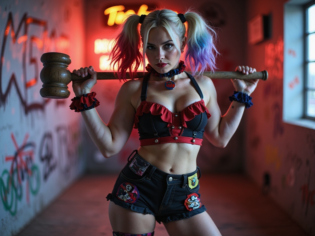 A striking Latina woman, Emily, aged 29, role-playing as Harley Quinn. She embodies the iconic character with vibrant, mismatched attire—a red and black corset top with playful ruffles, paired with high-waisted black shorts adorned with colorful patches. Her hair is styled in two playful pigtails, one dyed bright red and the other jet black, adding to her mischievous charm. The setting reflects a chaotic urban environment, with graffiti-covered walls and neon lights that echo Harley's edgy persona. In a dynamic pose, Emily wields a mallet with flair, exuding confidence and energetic charisma. The lighting is bold and dynamic, casting vivid shadows that enhance the playful yet rebellious spirit of the character. This image captures a hyper-realistic interpretation of Harley Quinn, merging high fashion with comic book flair.