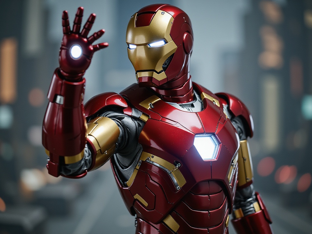 ROLE-PLAYING HYPER-REALISTIC: A 22-year-old male, John, embodies Iron Man in a striking studio setting. He wears a meticulously crafted, full-body replica of Iron Man's iconic armor, featuring glossy red and gold plating that reflects the soft lighting around him. The composition captures his dynamic pose, with one arm raised as if preparing to launch into flight, showcasing the suit's intricate details and technological artistry. His expression is focused and determined, eyes concealed behind the helmet, suggesting the formidable power of the character. The background is an abstract representation of a futuristic cityscape, enhancing the superhero aesthetic and creating an atmosphere of excitement and adventure.