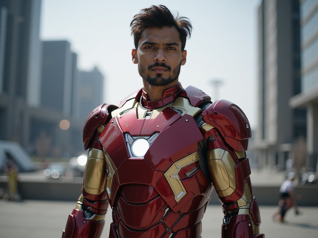 A 22-year-old male, David, role-playing as Iron Man in a hyper-realistic manner. He stands heroically in a futuristic urban setting, adorned in a meticulously detailed Iron Man suit with metallic finishes, rich reds, and gold accents. The suit is intricately designed, showcasing elements like gleaming arc reactors and angular plates. His Indian features are accentuated with a confident, determined expression, capturing the essence of a heroic character. The background hints at a high-tech skyline, with dramatic lighting emphasizing the reflective surfaces of the suit, creating an aura of power and capability. This image encapsulates the thrill of heroic fantasy, merging realism with iconic comic book aesthetics. ROLE-PLAYING, HYPER-REALISTIC.