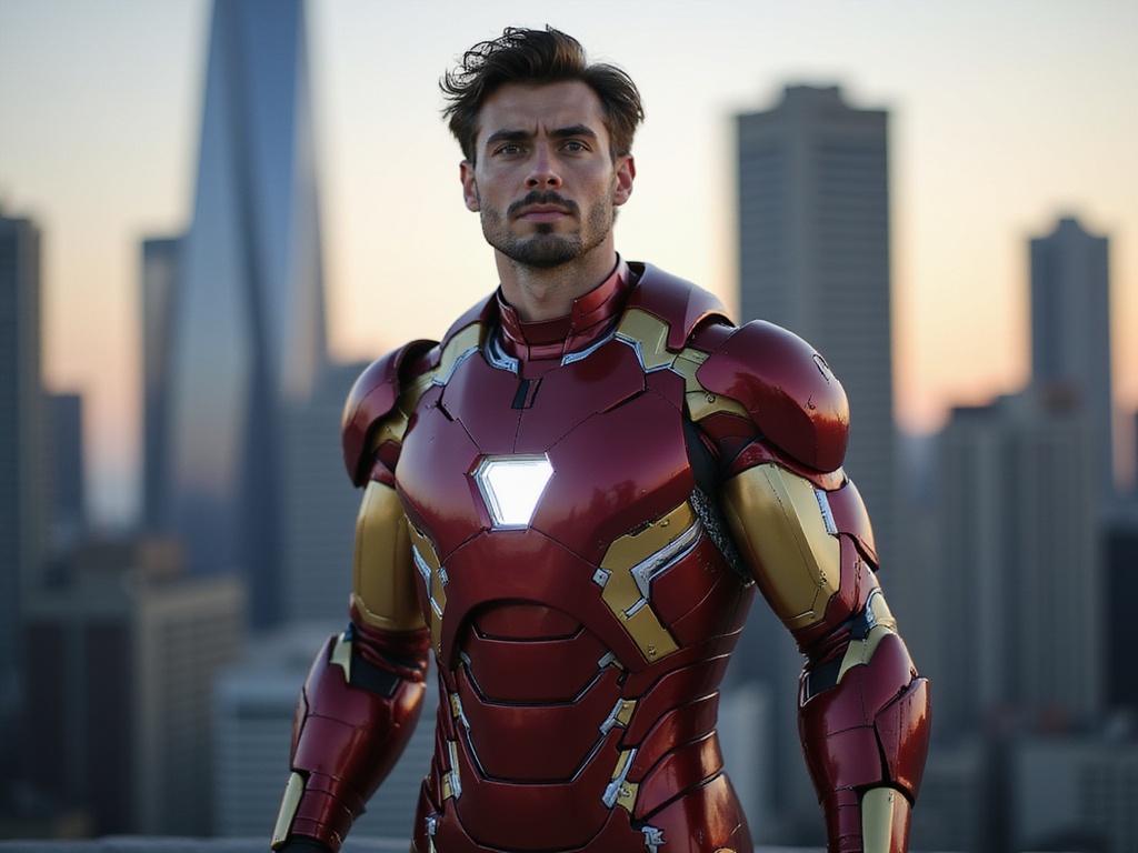 A 22-year-old male, John, role-playing as Iron Man, embodying the essence of a superhero while showcasing an intricately designed suit that combines both traditional and futuristic elements. The suit features rich crimson and gold tones, with detailed armor plating that highlights both strength and agility. He stands heroically in an urban setting reminiscent of a modern metropolis, with skyscrapers silhouetted against a twilight sky. The pose captures an action-ready stance, with one arm raised as if preparing for flight. Natural light reflects off the suit, emphasizing its glossy finish while casting dramatic shadows that accentuate his muscular physique. His expression is focused and determined, evoking the classic confidence of a revered hero. This is a HYPER-REALISTIC, ROLE-PLAYING representation of Iron Man, creating an image that is both striking and inspirational.