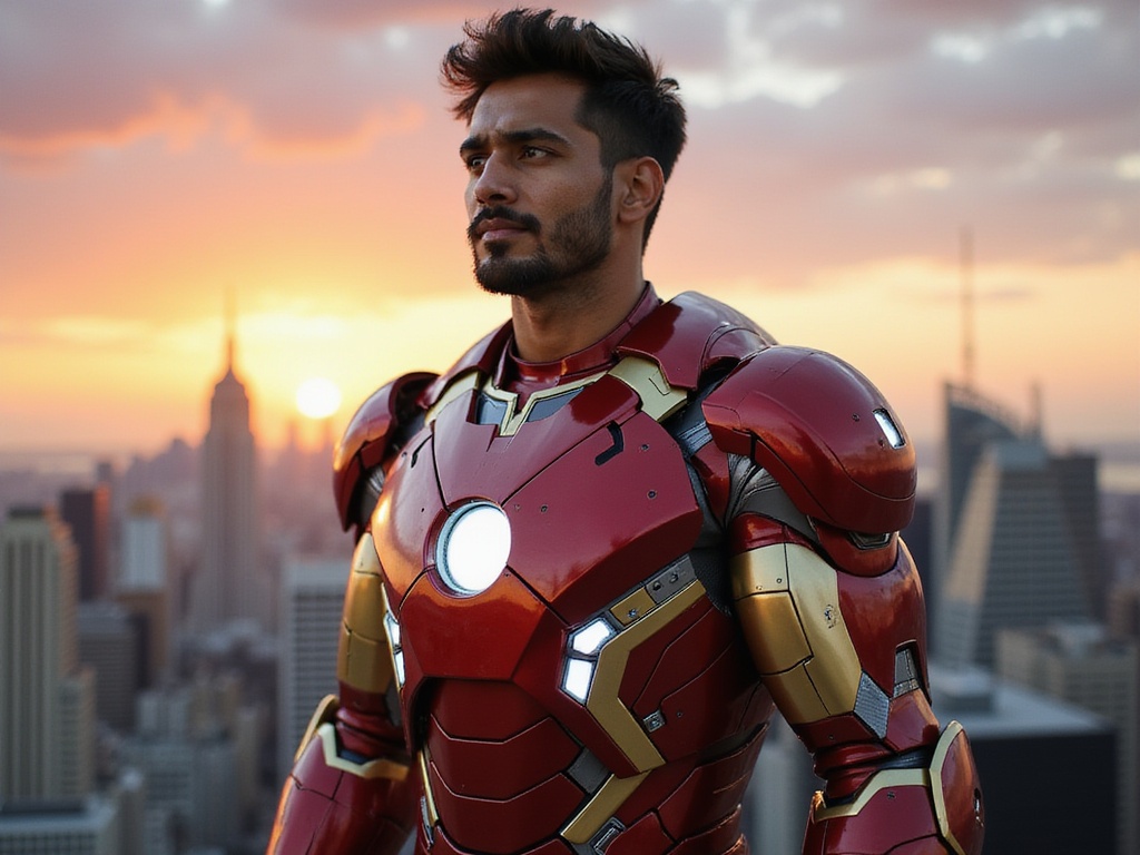 A 23-year-old Indian male, John, portrayed in a hyper-realistic, ROLE-PLAYING scenario as Iron Man. He stands heroically against a dramatic cityscape backdrop, wearing an intricately detailed Iron Man suit that gleams with metallic reds and golds. The suit features LED accents and is crafted to accentuate his athletic build, showcasing musculature. His expression is determined and confident, with a slight smirk as he gazes into the distance. The lighting is dynamic, with reflections highlighting the suit's contours, creating a sense of depth and action. This image captures the essence of a modern superhero, embodying strength and charisma, against a backdrop of a vivid sunset sky, symbolizing hope and adventure.
