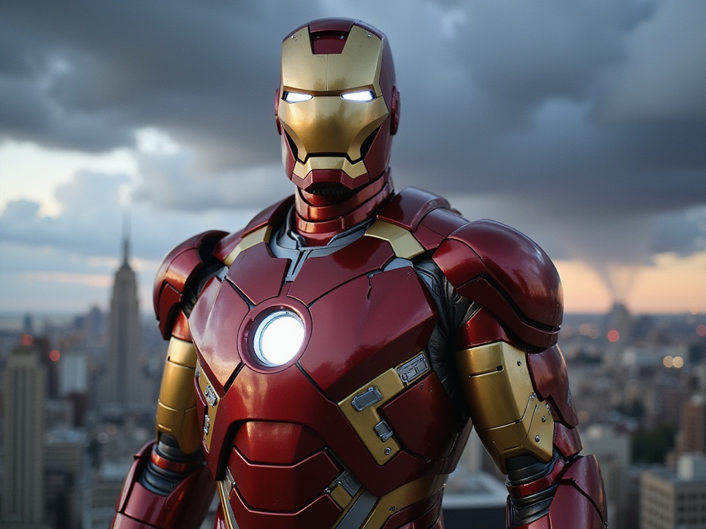 A 24-year-old male, David, role-playing as Iron Man, portrayed with hyper-realistic details. He stands heroically in a dynamic cityscape setting reminiscent of the Marvel universe, donning a meticulously crafted Iron Man suit that gleams with metallic red and gold tones. The suit features intricate mechanical details and LED lights illuminating his face behind the helmet, adding a dramatic flair. Dark clouds gather above, hinting at an impending storm, while the city skyline glows behind him, capturing a moment of intense anticipation. The image conveys the spirit of a modern superhero, showcasing strength, resilience, and innovation. The atmosphere is charged with energy and excitement, ready for action, evoking a sense of adventure and cinematic grandeur.