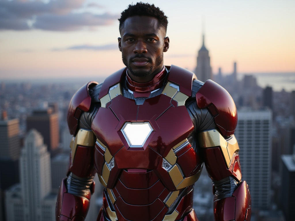 A 27-year-old Black male, John, portrayed as Iron Man in a hyper-realistic, ROLE-PLAYING scene. He stands confidently in a meticulously crafted Iron Man suit, reflecting a futuristic sheen with intricate details of the armor glinting under light. The backdrop is a dramatic urban skyline at twilight, with the last rays of sunset illuminating the scene. His pose exudes power and determination, reflecting the character's heroic essence. The suit fits perfectly, emphasizing his athletic physique, and a soft glow radiates from the arc reactor at his chest. The emotional atmosphere is one of readiness and strength, evoking the awe and charisma of a modern superhero.