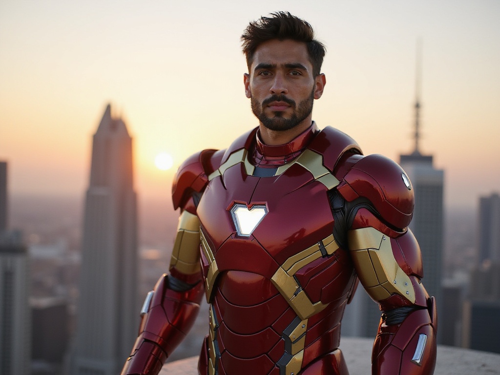 A 26-year-old Arab male, James, portrayed as Iron Man in a hyper-realistic setting. He dons an intricately detailed metallic red and gold Iron Man suit that gleams with high-tech accents, standing confidently in a sleek urban landscape at dusk. The skyline is dotted with futuristic architecture, casting a dramatic silhouette against the setting sun. His pose is dynamic and powerful, with one arm raised, showcasing the suit's repulsor technology. The lighting emphasizes the armor's reflective surfaces, creating a sense of science fiction realism, capturing the essence of a modern-day superhero in a cinematic style.