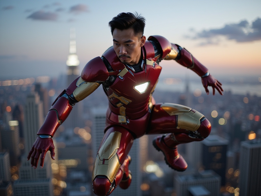A young Asian man, David, aged 26, portrayed in a hyper-realistic, ROLE-PLAYING presentation as Iron Man. He wears a meticulously crafted, metallic red and gold suit with intricate detailing, including the iconic arc reactor glowing at his chest. The setting is a dramatic urban skyline at dusk, with city lights beginning to twinkle beneath a deepening twilight sky. David strikes a powerful pose mid-air, suggesting movement and readiness for action, with the suit reflecting the ambient light of the city. His expression conveys determination and heroism, embodying the spirit of Tony Stark in a contemporary, cinematic style. This image celebrates not only the character but also the cultural significance of representation in superhero narratives.
