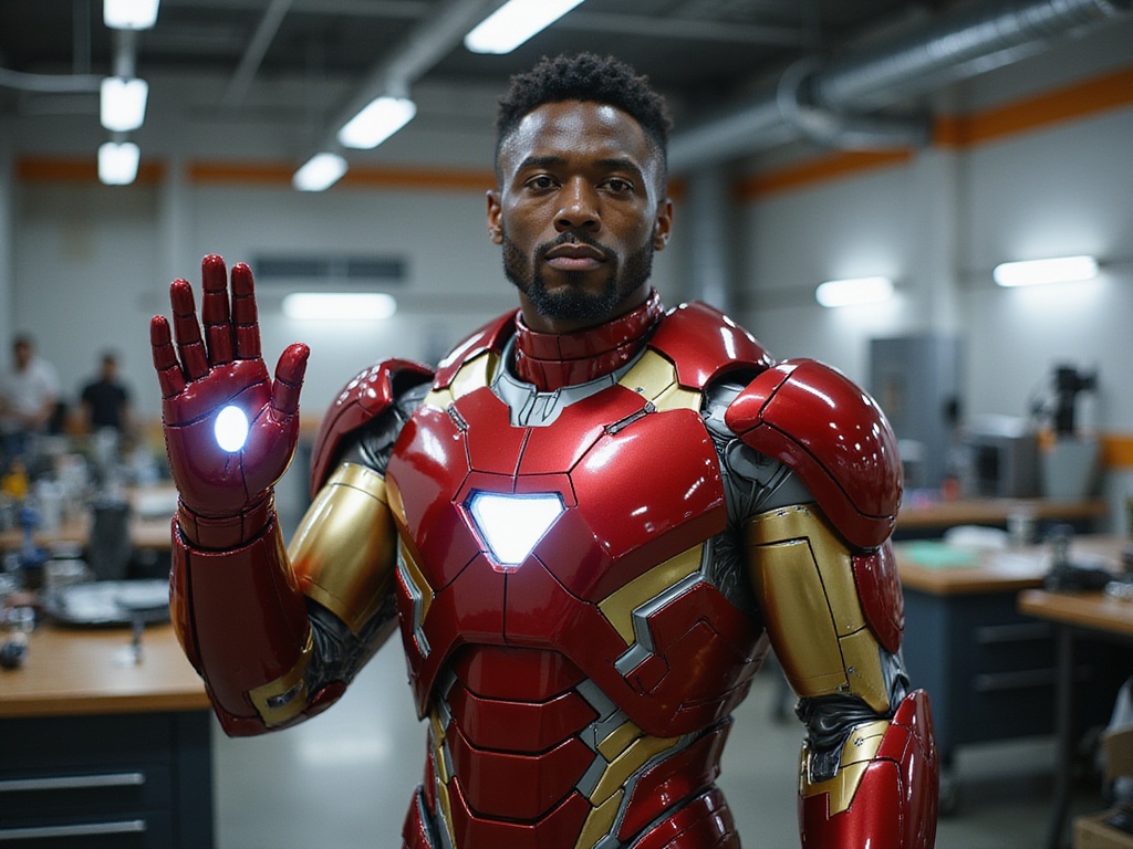 A 22-year-old Black male, John, embodying the powerful persona of Iron Man in a hyper-realistic style. He stands confidently in a high-tech workshop, adorned in a stunningly detailed replica of the iconic Iron Man suit, complete with vibrant metallic textures in red and gold. The background features futuristic machinery and gadgets, accentuating the advanced technology that surrounds him. John's pose is dynamic, one hand raised as if activating his suit's repulsor blast, exuding an aura of strength and determination. The lighting emphasizes dramatic shadows and reflections on the metallic armor, creating an engaging visual impact that captures the essence of heroism and innovation.