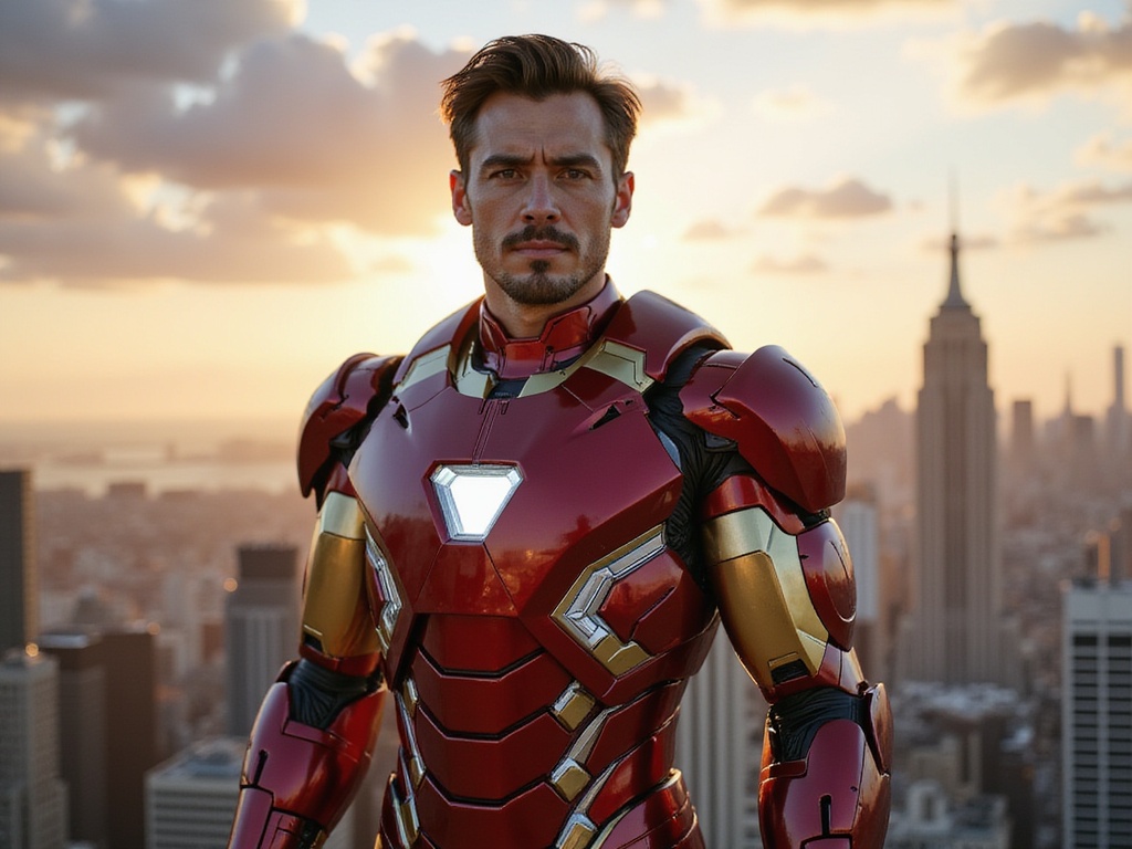 A 26-year-old male, David, portrayed as Iron Man in a hyper-realistic capture. He stands confidently in a dynamic pose against a futuristic city skyline, bathed in the glow of a setting sun. The intricately detailed Iron Man suit showcases gleaming red and gold armor with illuminated accents and robotic intricacies. His expression, a mix of determination and charisma, conveys the essence of the hero. The setting accentuates the technological marvel of the character, with dramatic clouds and soaring skyscrapers in the background, elevating the cinematic atmosphere. The deep shadows and warm highlights enhance the visual depth and energy of the moment, creating a strikingly powerful image.