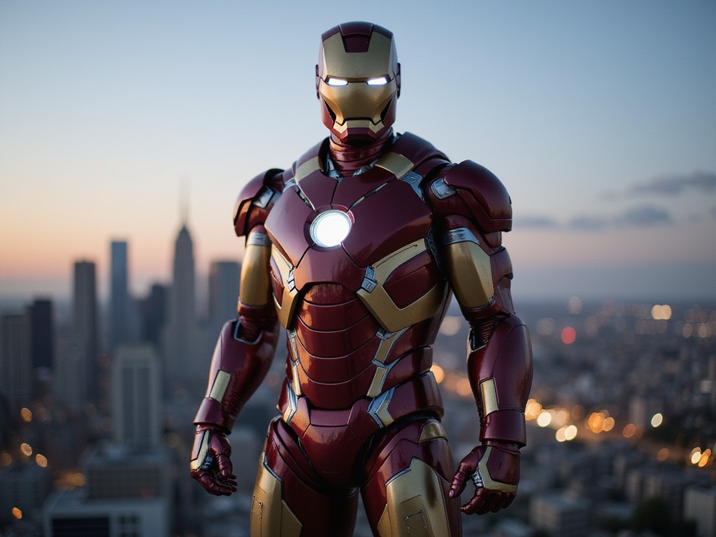 A 26-year-old male, John, portrayed as Iron Man in a hyper-realistic role-playing scenario. He stands confidently in full, meticulously detailed Iron Man armor that reflects light with metallic gleam. The suit showcases intricate paneling, glowing arc reactor, and a high-tech helmet with a fierce yet charismatic expression. Set against a dramatic skyline at twilight, the city lights twinkle behind him, emphasizing his heroic stature. The dynamic pose suggests movement, with one hand raised as if ready to take flight, capturing the essence of a modern-day superhero and evoking a sense of adventure and power and embodying the strength of a classical comic book character.