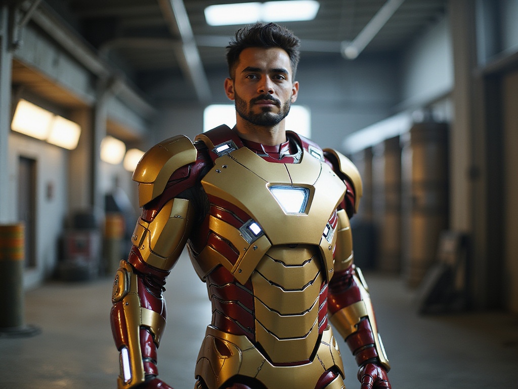 A young Arab male, John, aged 25, role-playing as Iron Man, stands heroically in an industrial setting adorned with metallic structures and dynamic lighting. Clad in a meticulously designed, custom Iron Man suit that shimmers with bronze and gold accents, he emanates both strength and charisma. The suit’s intricate detailing includes articulated joints and glowing arc reactor cores, capturing the essence of a modern superhero. The surrounding environment features dramatic shadows and highlights, emphasizing his powerful stance as he poses with one arm raised in a triumphant gesture, ready for flight. This hyper-realistic image is rich in color, evoking the excitement of comic book culture blended with fashion-forward sensibilities.