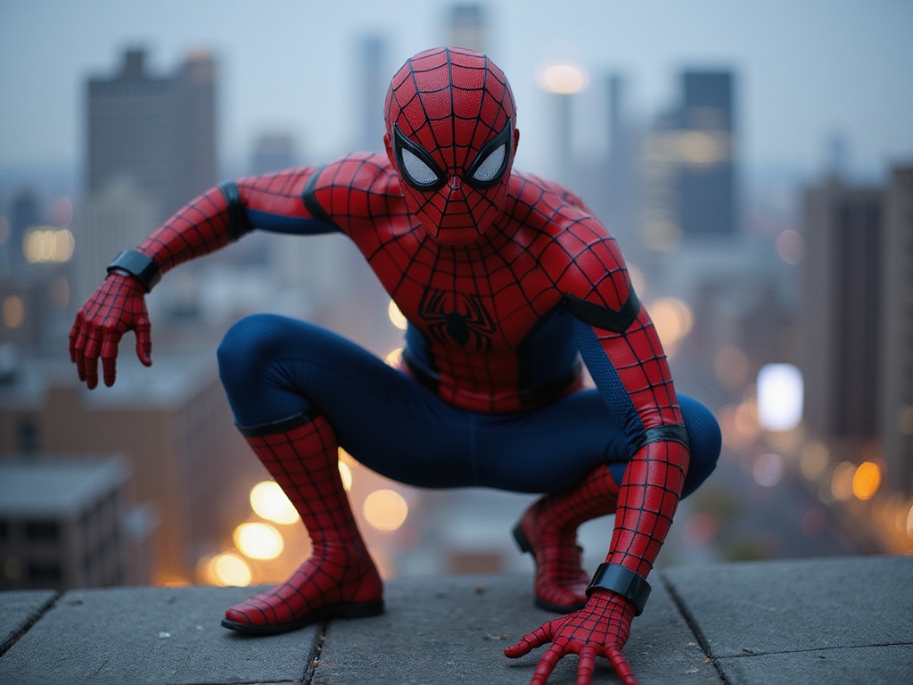 A 24-year-old Middle Eastern male, John, role-playing as Spider-Man, captured in a dynamic urban setting that resembles New York City. He is wearing a hyper-realistic, tailored Spider-Man suit with intricate web patterns and a glossy finish that glistens under the city lights. Perched high on a rooftop, he exudes confidence and agility, with the city skyline creating a dramatic backdrop. The pose captures the essence of movement, as John prepares to leap into action, his posture strong and poised. The lighting is vibrant, focusing on the character with a slight halo effect, emphasizing the superhero's aura. This image should resonate with excitement and adventure, showcasing the energy of the Spider-Man universe. ROLE-PLAYING; HYPER-REALISTIC.