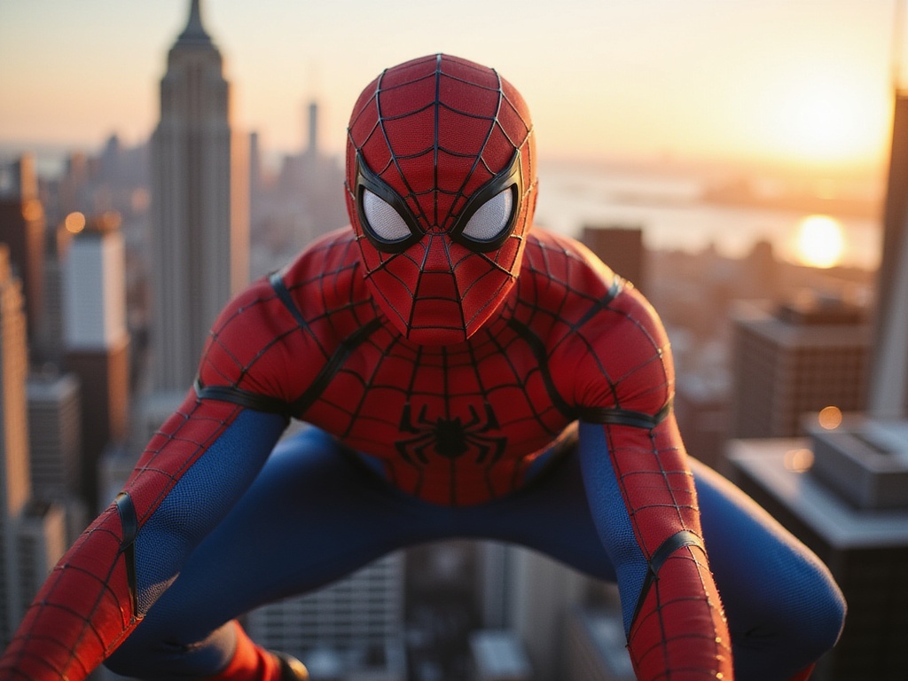 A 25-year-old Arab male, David, depicted as a realistic Spider-Man in an action pose against a dynamic urban backdrop. He wears a meticulously crafted, form-fitting Spider-Man suit featuring intricate webbing details, with the iconic red and blue colors perfectly rendered. David is captured mid-swing, one arm extending forward as if launching himself from a building. His expression reflects determination and focus. The cityscape behind him is bathed in the warm hues of sunset, casting dramatic shadows that enhance the scene's intensity. This image blends the vibrancy of a superhero narrative with photorealistic elements to evoke excitement and adventure.