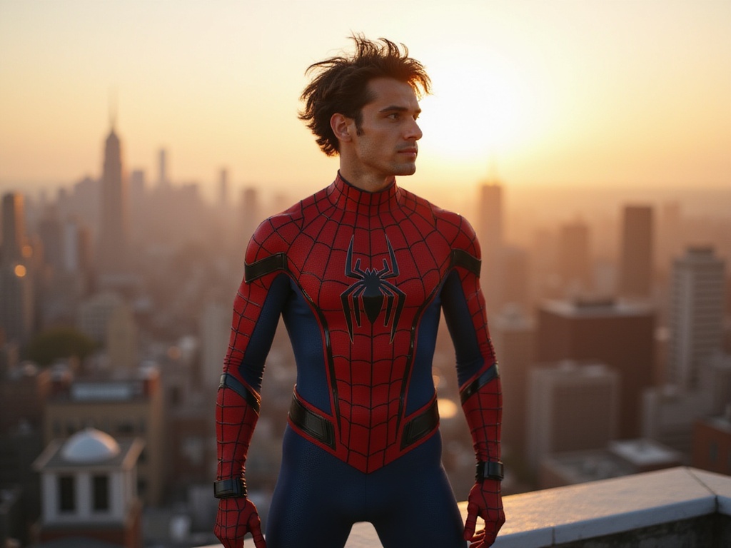 A 27-year-old Arab male, James, role-playing as Spider-Man in a hyper-realistic portrayal. He stands poised on a New York City rooftop, the skyline stretching behind him, bathed in the warm golden light of sunset. Dressed in a detailed, form-fitting Spider-Man suit, featuring intricate web patterns and a deep red and blue color palette, he embodies agility and strength. The wind tousles his hair, adding dynamism to the scene. His poised stance, with one foot perched on the ledge and arms at the ready, captures the vigilant essence of a superhero, radiating confidence and readiness. The visual narrative suggests both the thrill of urban exploration and the burden of responsibility that comes with being a hero. This image perfectly balances action and character depth.