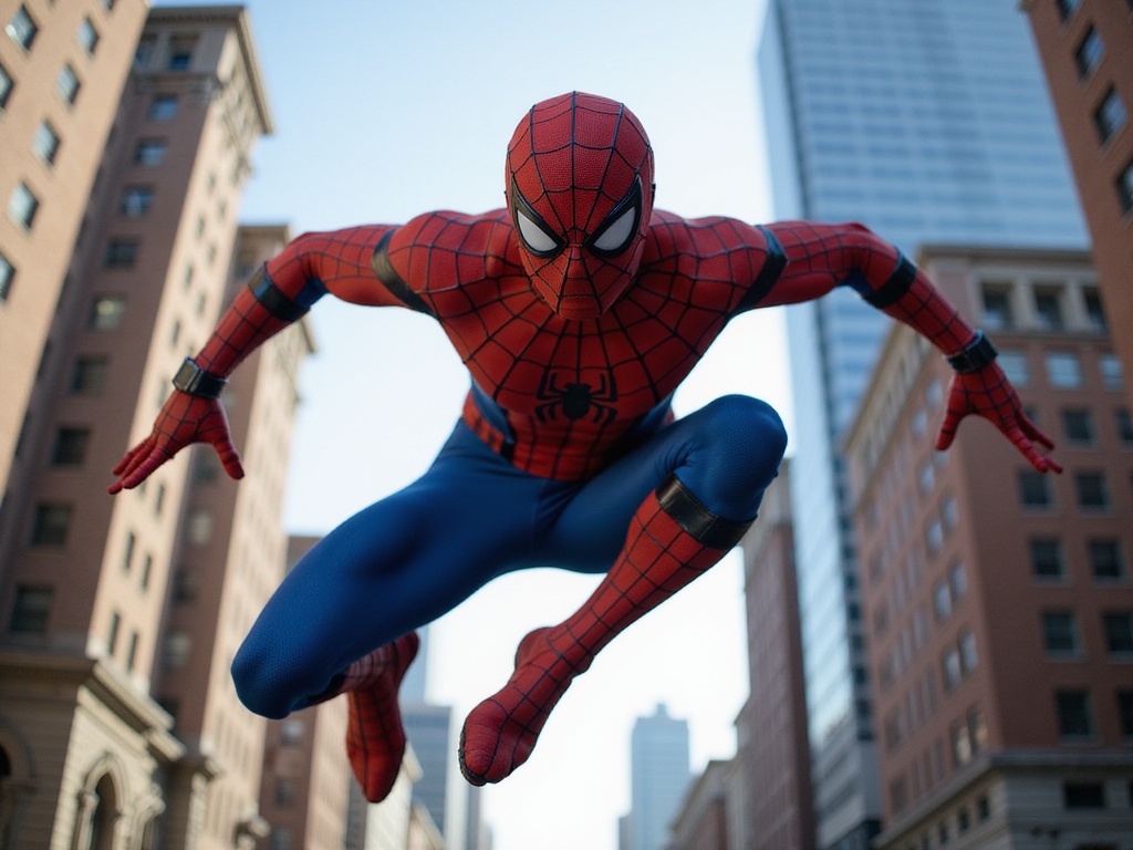 A dynamic and hyper-realistic portrait of a 24-year-old black male, John, role-playing as Spider-Man. He is captured mid-action, gracefully leaping through a cityscape, with skyscrapers serving as a dramatic backdrop. The classic Spider-Man suit, featuring vibrant red and blue hues, clings to his athletic physique, showcasing intricate web patterns. His expression is focused and determined, embodying the vibrant energy and agility of the superhero. The composition features a low-angle perspective, emphasizing his leap against the horizon, while strong sunlight casts dramatic shadows and highlights on the suit, creating a sense of movement and excitement. This image captures the spirit of adventure and heroism associated with the iconic character, evoking an emotional connection to the Spider-Man legacy.