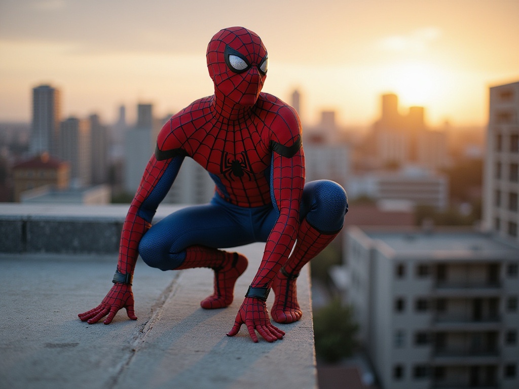 A dynamic portrayal of a Middle Eastern male, John, aged 29, embodying Spider-Man in a striking rooftop scene. He is dressed in a hyper-realistic, custom-designed Spider-Man suit featuring intricate web patterns and a vibrant red and blue color palette, perfectly fitted to enhance his athletic form. Poised at the edge of a modern cityscape, he showcases an agile stance, one foot on the ledge, the other ready to leap into action. The setting sun casts dramatic shadows, highlighting the texture of the suit and the gleam in his eyes, evoking a sense of strength and heroism. The composition is rich with urban details, creating a thrilling atmosphere, capturing the essence of a superhero about to embark on a mission.