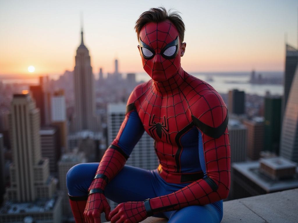 A hyper-realistic portrayal of a male character, John, aged 28, role-playing as Spider-Man. He skillfully embodies the iconic superhero stance, perched on a ledge of a New York City rooftop at twilight, the skyline glimmering in the background. His costume, a custom-fitted, vibrant red and blue suit with intricate webbing and a sleek mask, complements his athletic build. The sun sets, casting warm glows and deep shadows that enhance the dramatic atmosphere. The composition emphasizes dynamic angles, with John’s strong pose conveying a sense of readiness and determination. This role-playing image captures the spirit of adventure and heroism typical of comic book narratives, while also celebrating his Indian heritage through subtle cultural details in his character’s representation.