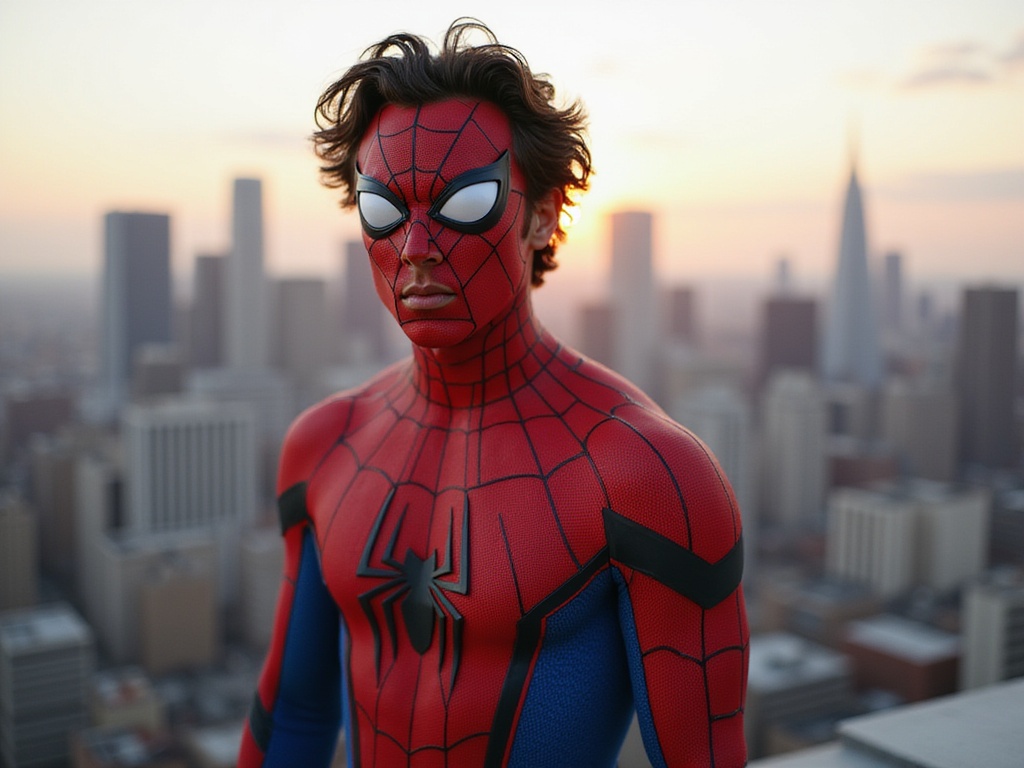 A young male, James, aged 23, embodying the spirit of Spider-Man in a hyper-realistic portrayal. He stands atop a building in a bustling urban setting, the skyline sprawling behind him. Dressed in a meticulously detailed, skin-tight Spider-Man suit featuring intricate web patterns, the vibrant red and blue colors catch the late afternoon sunlight. His Middle Eastern features are accentuated by a confident expression behind the iconic mask. The dynamic pose depicts him mid-swing, as if leaping into action, with a sense of motion captured by the wind billowing through his hair. The background is a stunning cityscape with skyscrapers and a hint of sunset sky, enhancing the cinematic feel of the moment. ROLE-PLAYING, HYPER-REALISTIC.