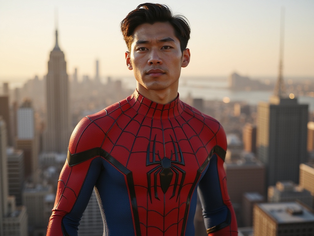 A 27-year-old male, James, embodying the spirit of Spider-Man, portrayed in a hyper-realistic style. He stands atop a skyscraper in an urban setting, the bustling city skyline behind him. His costume is a meticulously detailed spandex suit, featuring the striking red and blue pattern with intricate webbing and the iconic spider emblem across his chest. The dynamic pose captures him mid-action, ready to leap into the air, showcasing athleticism and a sense of adventure. His Asian features are highlighted with confidence and determination. The golden hour light bathes the scene, casting a warm glow that enhances the colors of the suit while dramatic shadows play across his face, evoke emotional intensity and heroism. This powerful image channels the essence of comic book action within a contemporary and relatable context.