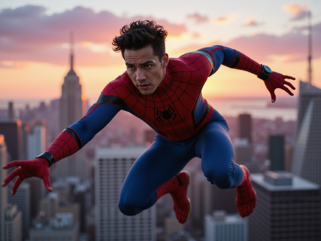 A 24-year-old Latin male, Michael, captured in a hyper-realistic, dynamic pose as Spider-Man. He is dressed in a form-fitting, red and blue spandex suit that showcases his athletic physique. The setting is a cityscape at dusk, with skyscrapers silhouetted against a vibrant sunset. Michael is mid-leap, one hand extended forward as if swinging through the air, with the city below blurring past him. His expression is one of determination and thrill, embodying the essence of the iconic superhero. The lighting emphasizes the contours of his muscles and the sleekness of the costume, casting dramatic shadows that add to the excitement of the moment.